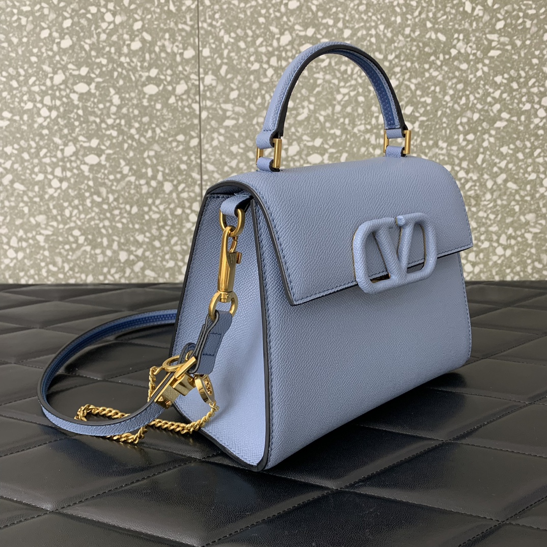 Valentino Garavani Vsling Small Handbag in Porcelain Blue Grainy Calfskin 